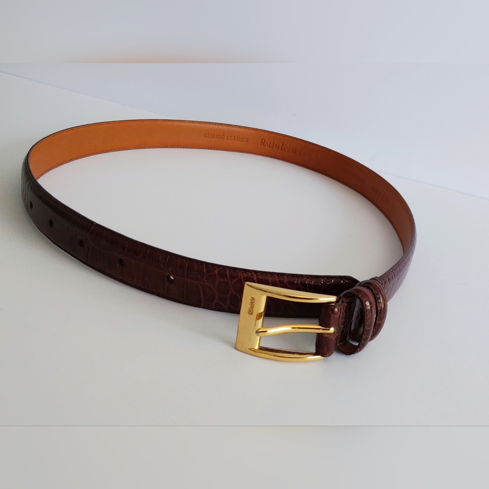Ralph Lauren Croc-Embossed Brown Belt with Gold Buckle